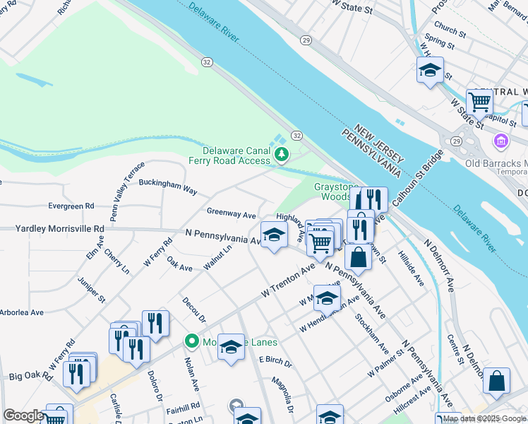 map of restaurants, bars, coffee shops, grocery stores, and more near 29 Highland Drive in Yardley