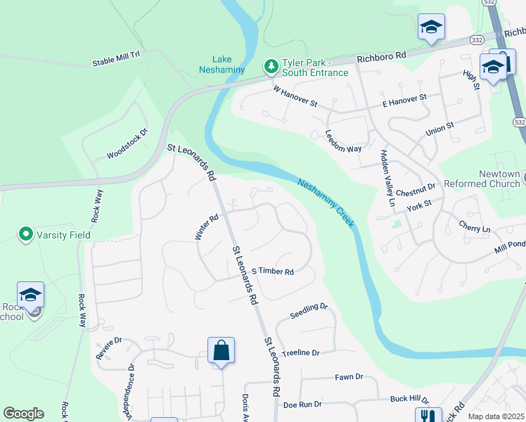 map of restaurants, bars, coffee shops, grocery stores, and more near 165 North Timber Road in Bucks County
