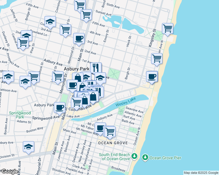 map of restaurants, bars, coffee shops, grocery stores, and more near 410 Sewall Avenue in Asbury Park