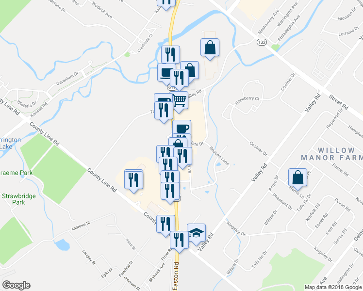 map of restaurants, bars, coffee shops, grocery stores, and more near 213 Easton Road in Warrington