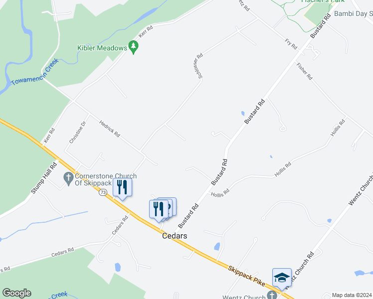 map of restaurants, bars, coffee shops, grocery stores, and more near 1506 Unruh Lane in Harleysville