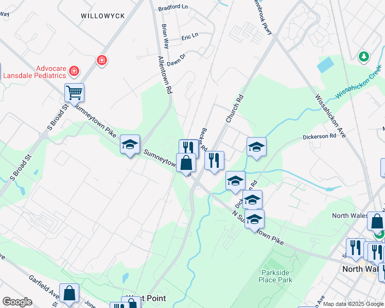 map of restaurants, bars, coffee shops, grocery stores, and more near 717 North Sumneytown Pike in North Wales