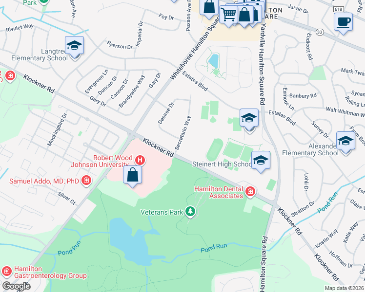 map of restaurants, bars, coffee shops, grocery stores, and more near 4 Secretario Way in Hamilton Township
