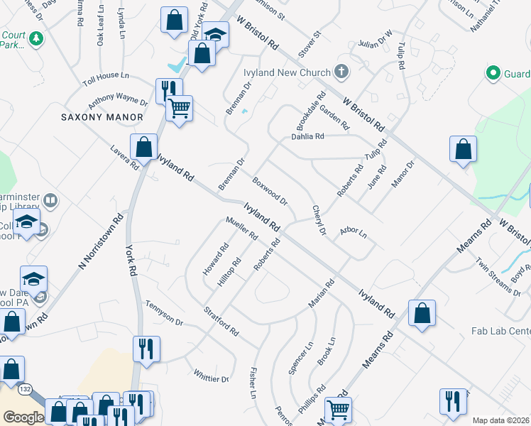 map of restaurants, bars, coffee shops, grocery stores, and more near 775 Ivyland Road in Warminster