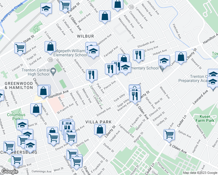 map of restaurants, bars, coffee shops, grocery stores, and more near 27 Pierce Avenue in Trenton