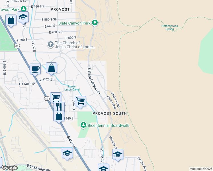 map of restaurants, bars, coffee shops, grocery stores, and more near 1183 Canyon Meadow Drive in Provo
