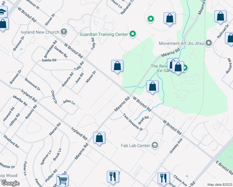 map of restaurants, bars, coffee shops, grocery stores, and more near 1310 Sturbridge Drive in Warminster
