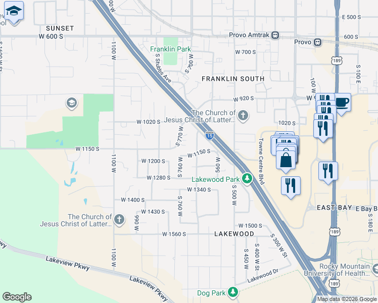 map of restaurants, bars, coffee shops, grocery stores, and more near 758 South 760 West in Provo