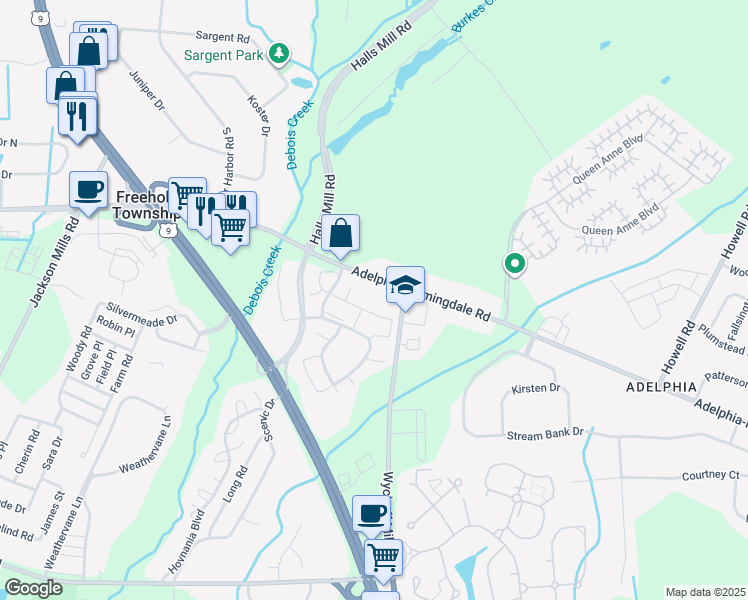 map of restaurants, bars, coffee shops, grocery stores, and more near 37 Watson Court in Howell Township