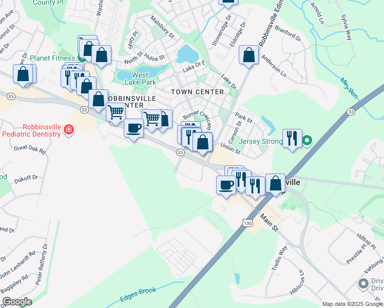 map of restaurants, bars, coffee shops, grocery stores, and more near 2353 New Jersey 33 in Robbinsville Township