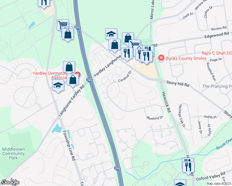 map of restaurants, bars, coffee shops, grocery stores, and more near 1784 North Dove Road in Yardley