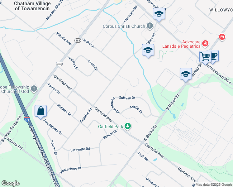 map of restaurants, bars, coffee shops, grocery stores, and more near 865 Sullivan Drive in Lansdale
