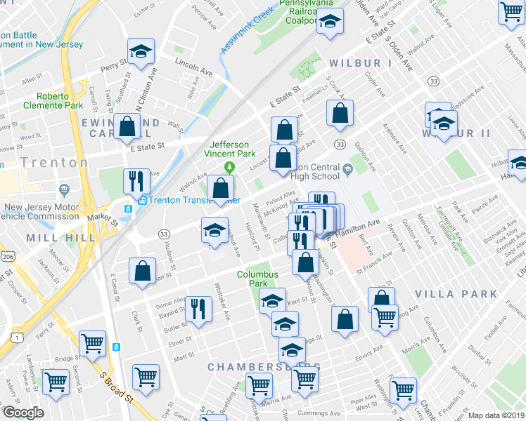 map of restaurants, bars, coffee shops, grocery stores, and more near 614 Monmouth Street in Trenton