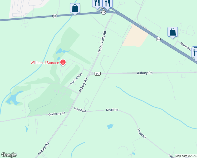 map of restaurants, bars, coffee shops, grocery stores, and more near 377 Asbury Road in Farmingdale