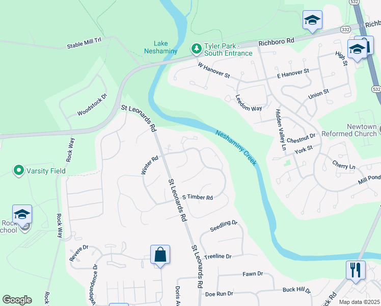map of restaurants, bars, coffee shops, grocery stores, and more near 165 North Timber Road in Bucks County