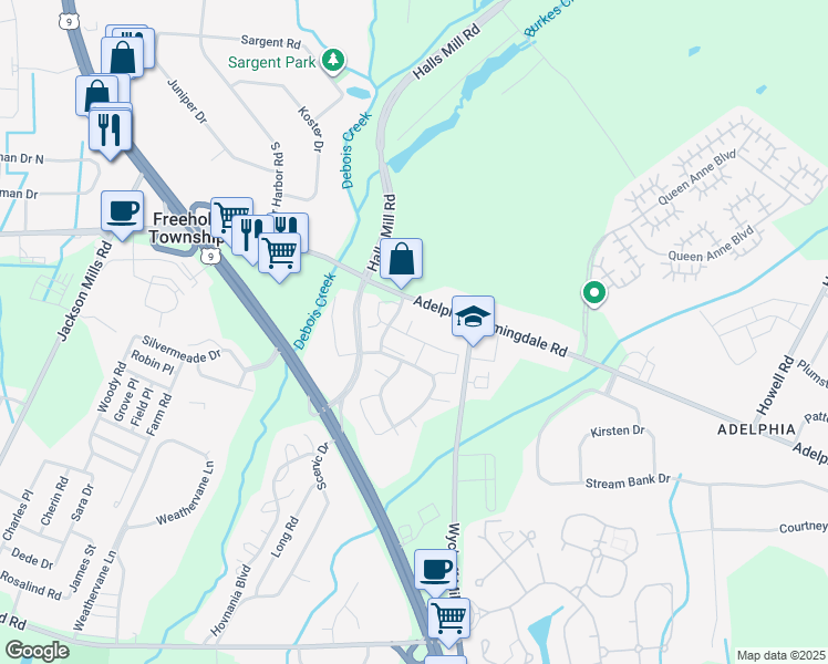 map of restaurants, bars, coffee shops, grocery stores, and more near 11 Fiddlers Elbow Court in Howell Township