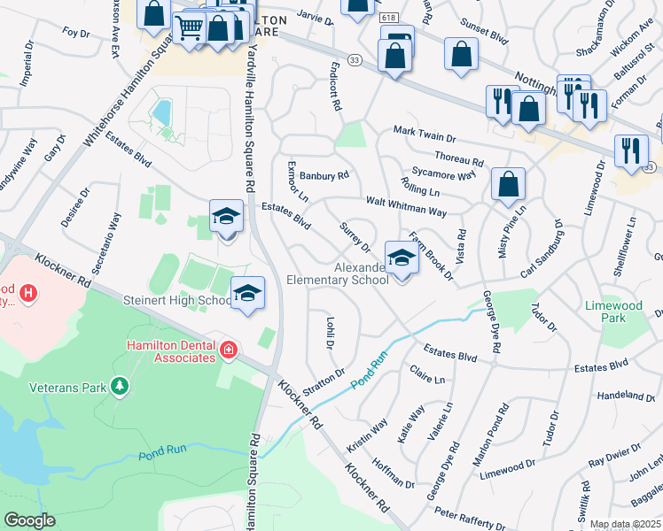 map of restaurants, bars, coffee shops, grocery stores, and more near 15 Sutton Drive in Hamilton Township