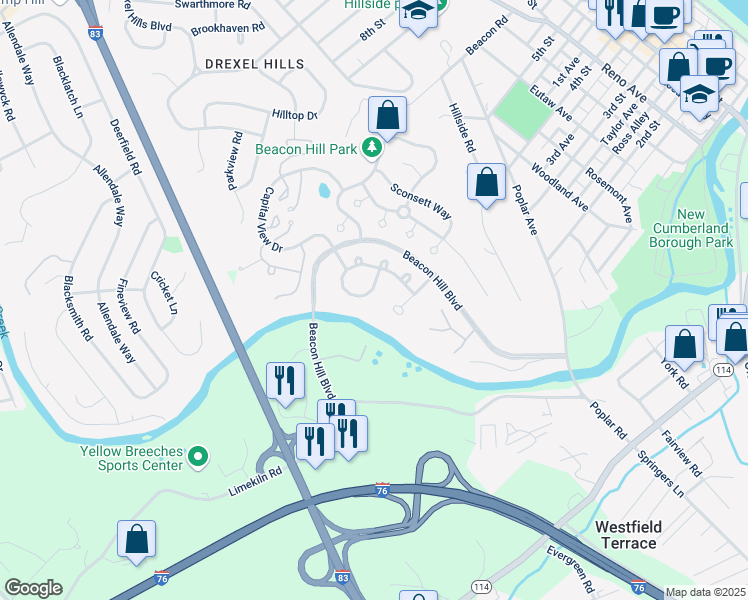 map of restaurants, bars, coffee shops, grocery stores, and more near 1480 Maplewood Drive in New Cumberland