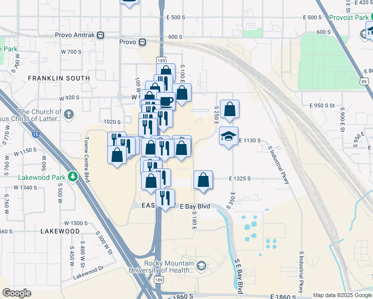 map of restaurants, bars, coffee shops, grocery stores, and more near 1165 South University Avenue in Provo