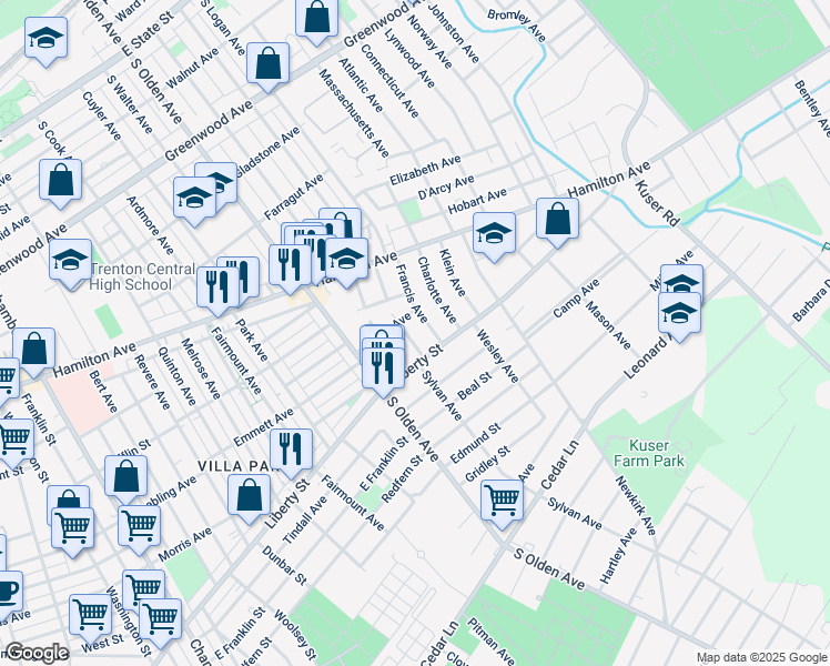 map of restaurants, bars, coffee shops, grocery stores, and more near 122 Moffatt Avenue in Trenton