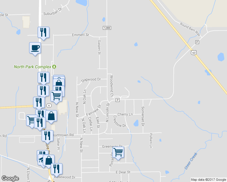map of restaurants, bars, coffee shops, grocery stores, and more near 3003 Woodwind Court in Kirksville