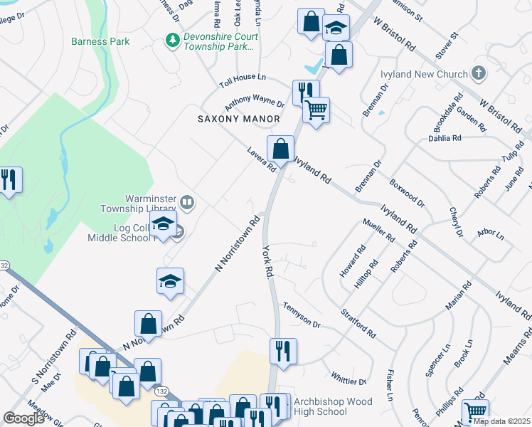 map of restaurants, bars, coffee shops, grocery stores, and more near York Rd & Norristown Rd in Warminster