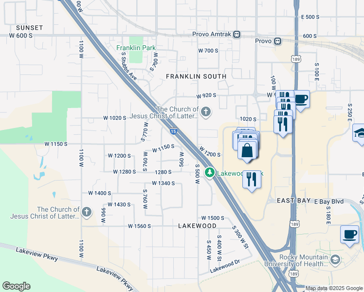 map of restaurants, bars, coffee shops, grocery stores, and more near 1094 South Frontage Road in Provo