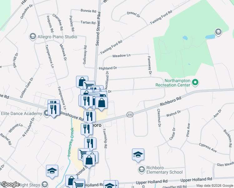 map of restaurants, bars, coffee shops, grocery stores, and more near 57 Titus Court in Richboro
