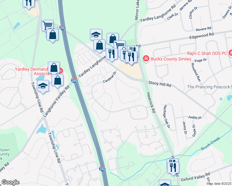 map of restaurants, bars, coffee shops, grocery stores, and more near 631B Rose Hollow Drive in Yardley