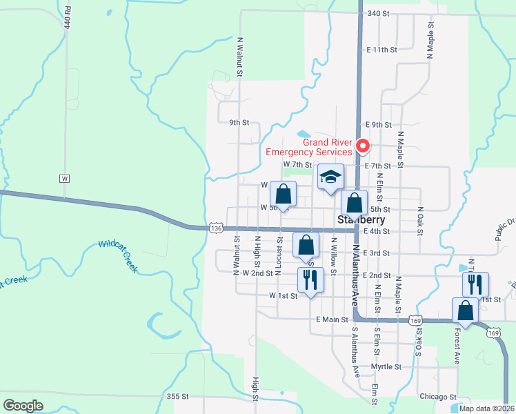 map of restaurants, bars, coffee shops, grocery stores, and more near 599 N High St in Stanberry