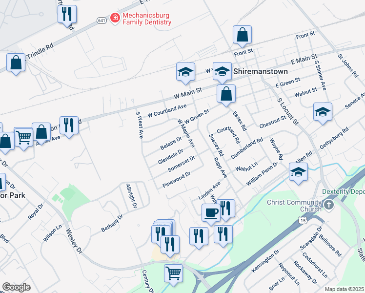 map of restaurants, bars, coffee shops, grocery stores, and more near 306 Glendale Drive in Shiremanstown