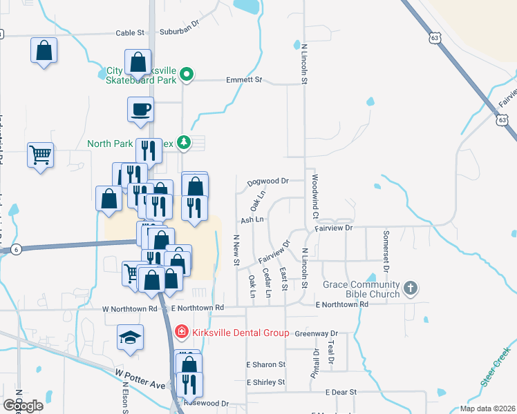map of restaurants, bars, coffee shops, grocery stores, and more near 2400-2498 East Street in Kirksville