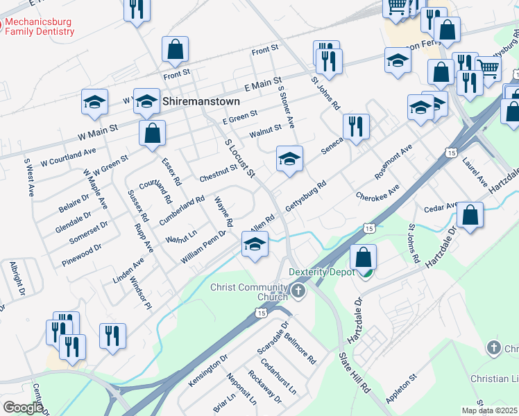 map of restaurants, bars, coffee shops, grocery stores, and more near 116 Cumberland Drive in Camp Hill
