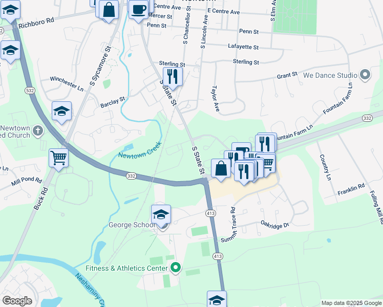 map of restaurants, bars, coffee shops, grocery stores, and more near 646 South State Street in Newtown
