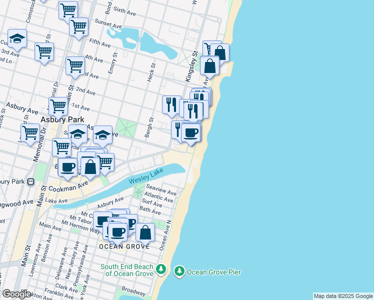 map of restaurants, bars, coffee shops, grocery stores, and more near 2 Asbury Avenue in Asbury Park