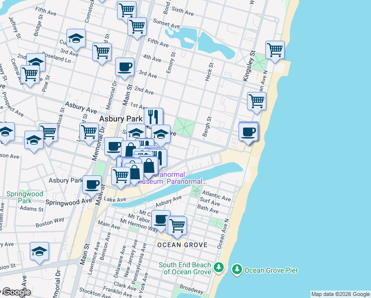 map of restaurants, bars, coffee shops, grocery stores, and more near 319 Cookman Avenue in Asbury Park