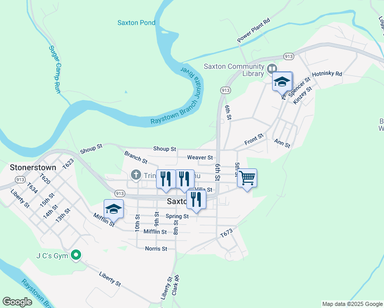 map of restaurants, bars, coffee shops, grocery stores, and more near 616-620 Branch Street in Saxton