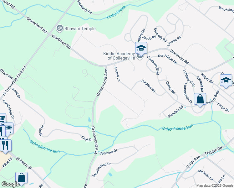 map of restaurants, bars, coffee shops, grocery stores, and more near 362 Woodlyn Drive in Collegeville