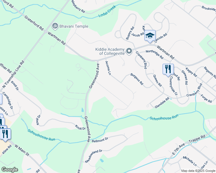 map of restaurants, bars, coffee shops, grocery stores, and more near 362 Woodlyn Drive in Collegeville