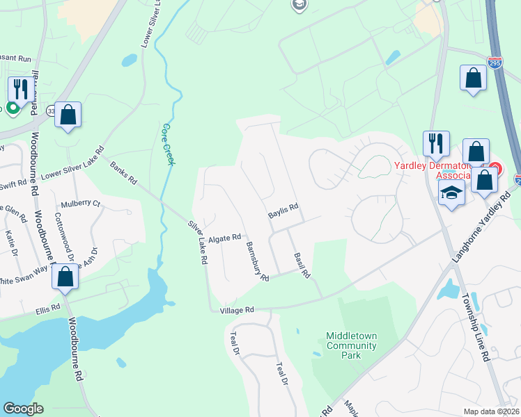 map of restaurants, bars, coffee shops, grocery stores, and more near 229 Barnsbury Road in Langhorne