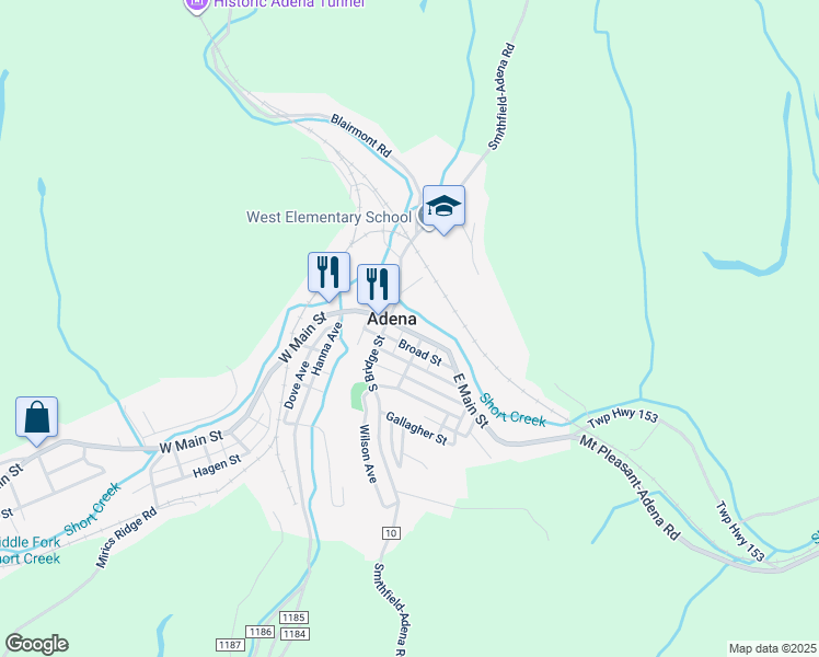 map of restaurants, bars, coffee shops, grocery stores, and more near 42 East Main Street in Adena