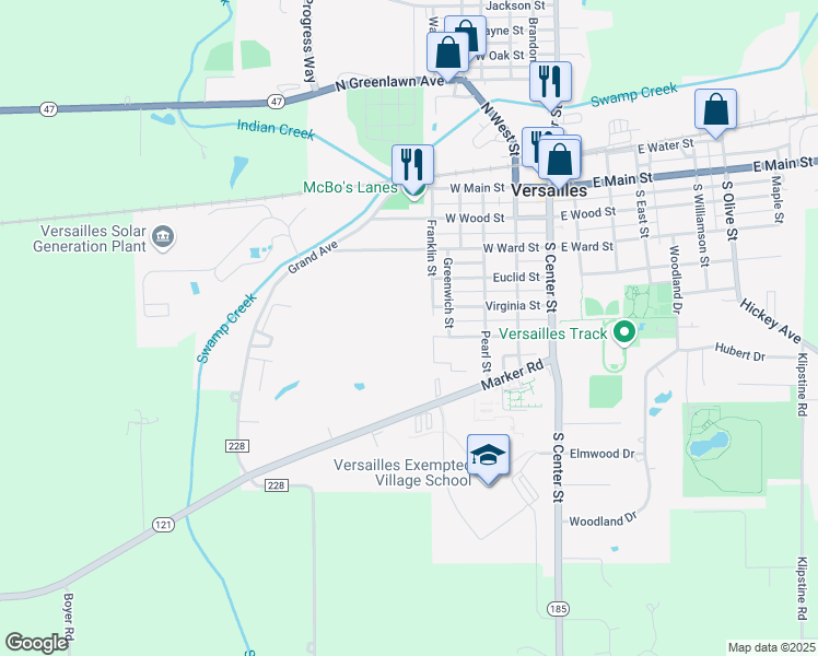 map of restaurants, bars, coffee shops, grocery stores, and more near 340 Reed Avenue in Versailles