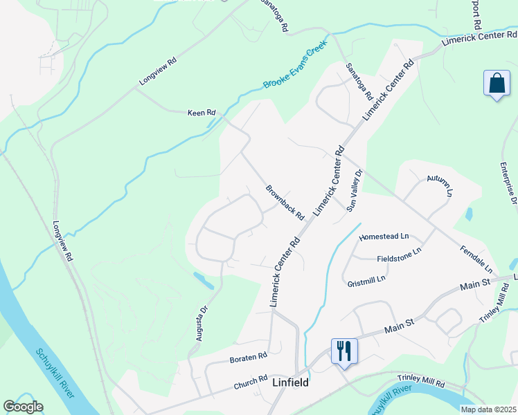 map of restaurants, bars, coffee shops, grocery stores, and more near 450 Pebble Beach Drive in Royersford