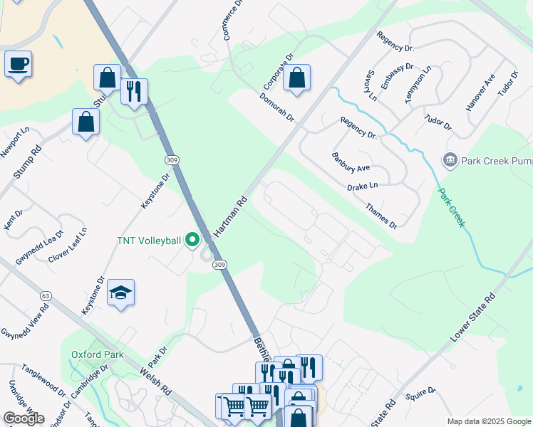 map of restaurants, bars, coffee shops, grocery stores, and more near 200 West Kennedy Road in North Wales