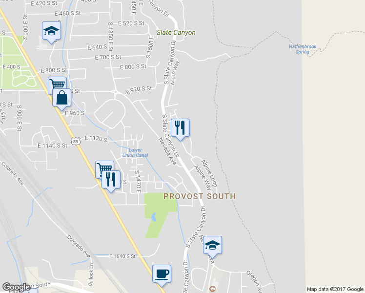 map of restaurants, bars, coffee shops, grocery stores, and more near 1197 Meadow Fork Road in Provo