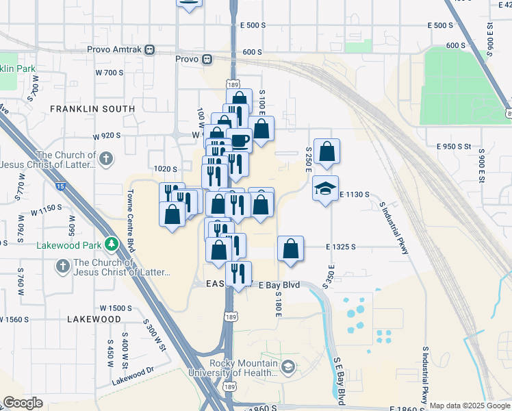 map of restaurants, bars, coffee shops, grocery stores, and more near 1165 South University Avenue in Provo