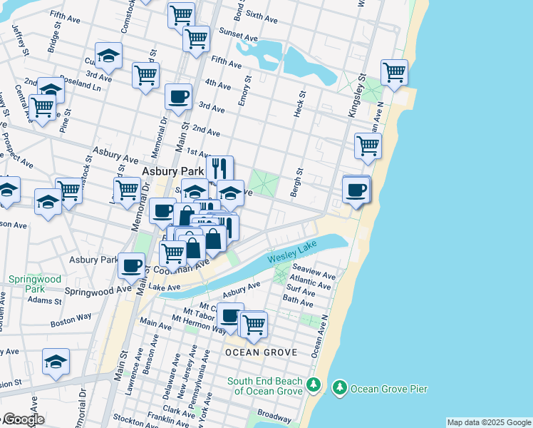 map of restaurants, bars, coffee shops, grocery stores, and more near 319 Cookman Avenue in Asbury Park
