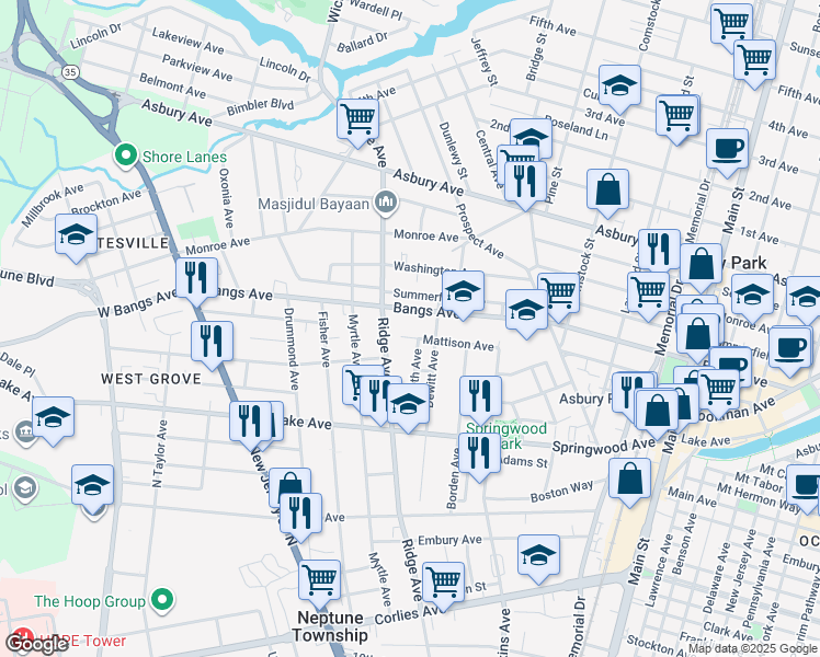 map of restaurants, bars, coffee shops, grocery stores, and more near 1406 Mattison Avenue in Asbury Park