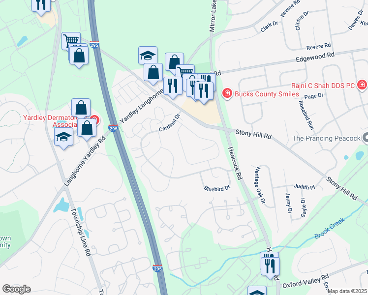map of restaurants, bars, coffee shops, grocery stores, and more near 625B Rose Hollow Drive in Yardley