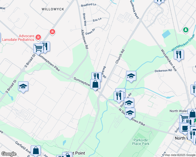 map of restaurants, bars, coffee shops, grocery stores, and more near 717 North Sumneytown Pike in North Wales